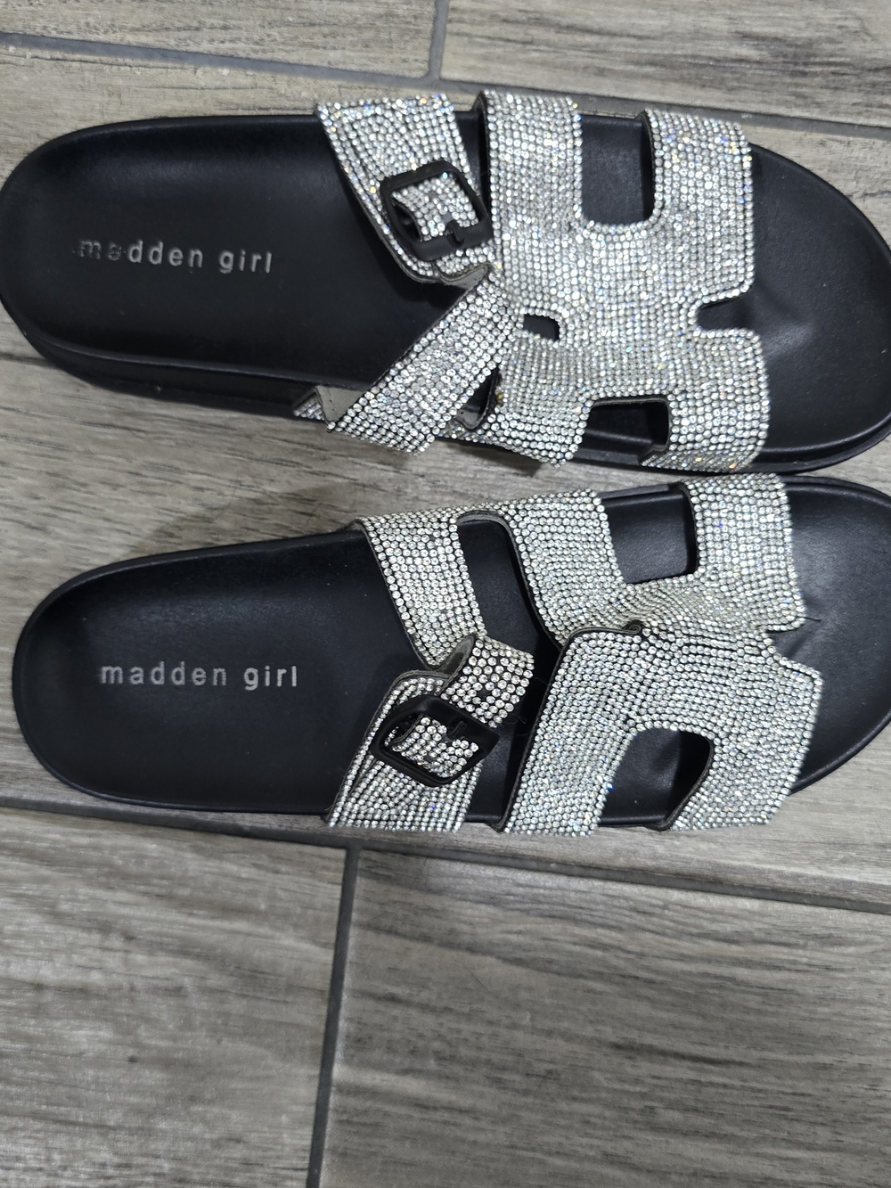 Madden Girl Silver Crystal Buckle Slide Sandals